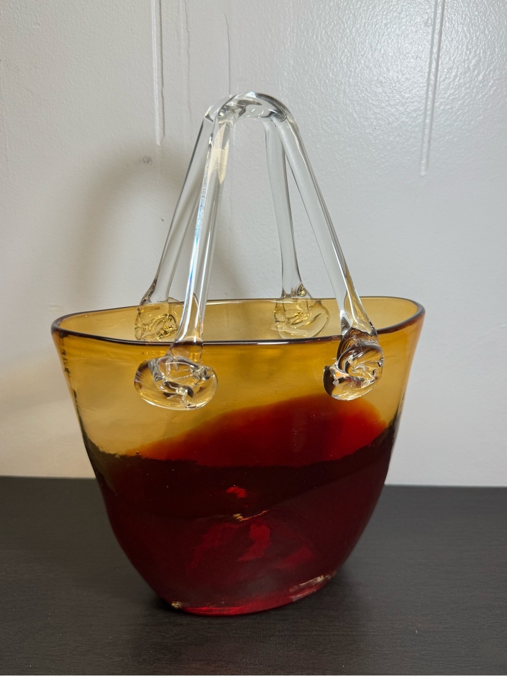 Artisan Hand Blown Glass Vase Basket with Handle, Blood Red, Small glass Handbag
